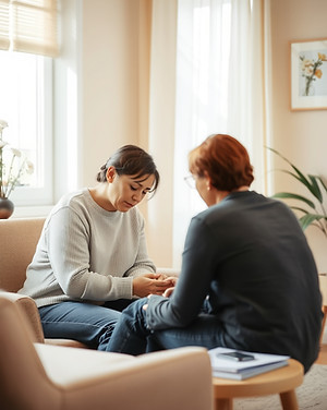 a grieving person is comforted by another person in a bright, airy, beige counseling offic
