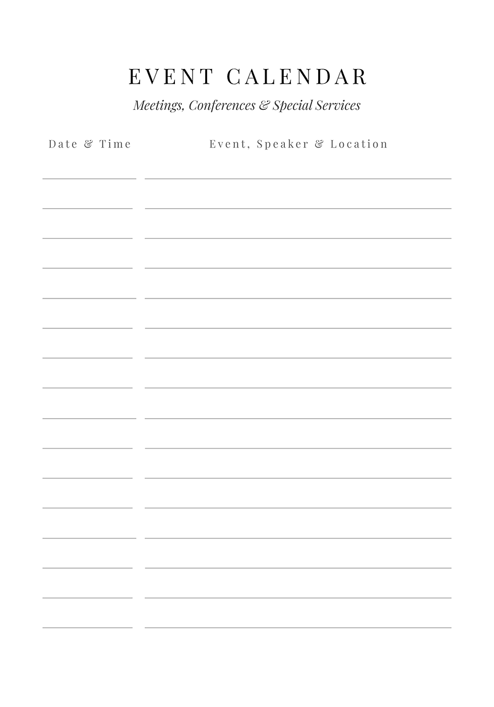 Event calendar page for a sermon journal