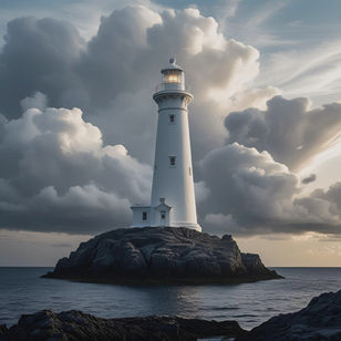 A tall lighthouse positioned off-centre on a rocky coastline, with a wide sky filled with rolling clouds. The lighthouse is the positive space, contrasting with the open sky and rocks (negative space), highlighting isolation and strength.