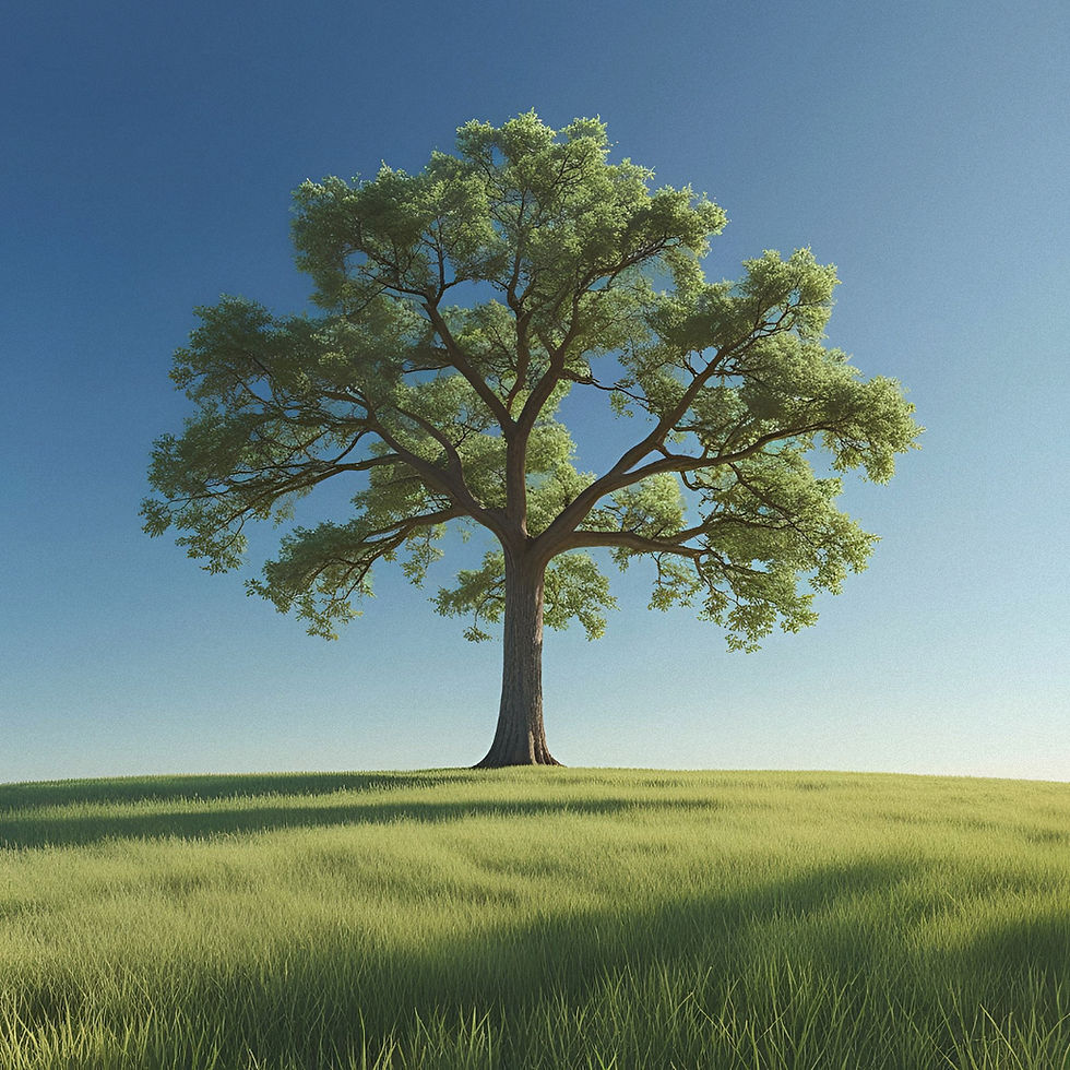 A single, tall tree standing alone in the middle of a wide, grassy field under a clear blue sky. The tree is the positive space, while the vast empty field and sky act as negative space, giving the tree room to stand out and creating a peaceful, calming feeling.