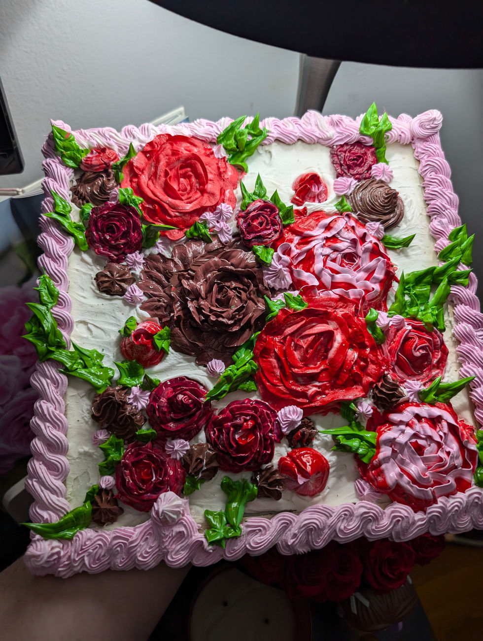 Square cake, painted flowers, red and pink roses, artwork
