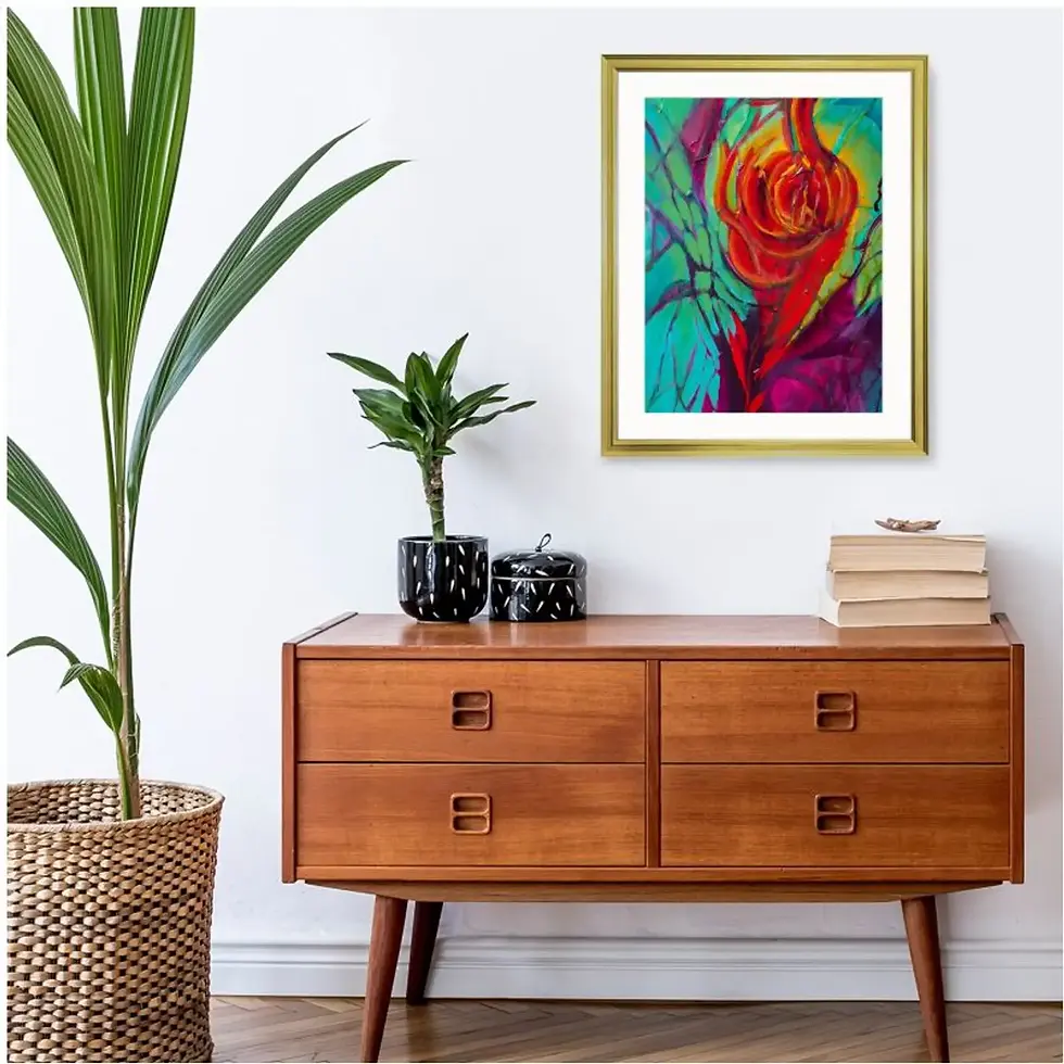 Carolyn Wonders' Goldie Framed Art with gold frame and border