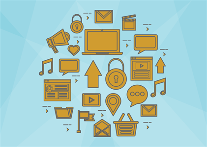 A series of copper icons that are popular on the web. A speech bubble, an upload arrow, a heart, file folders, shopping carts, locks, and email messages