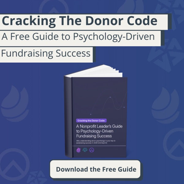 Blue-purple background with icons. Book titled "Cracking The Donor Code: A Nonprofit Leader’s Guide." Text: "Download the Free Guide."
