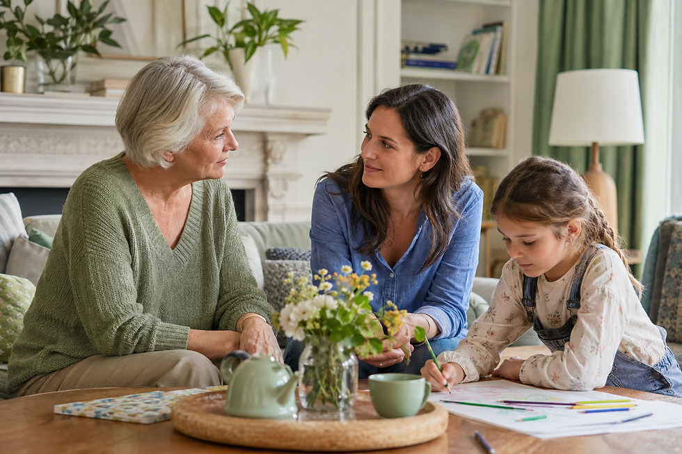 Une grand-mère échange avec sa fille pendant que sa petite-fille dessine
