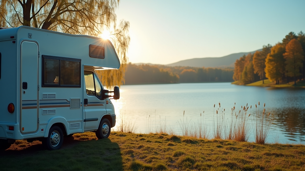Close-up view of an RV parked beside a serene lake