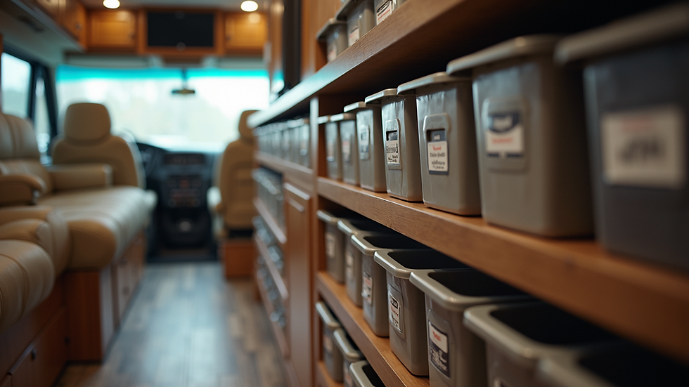 Eye-level view of organized RV storage compartments with labeled bins