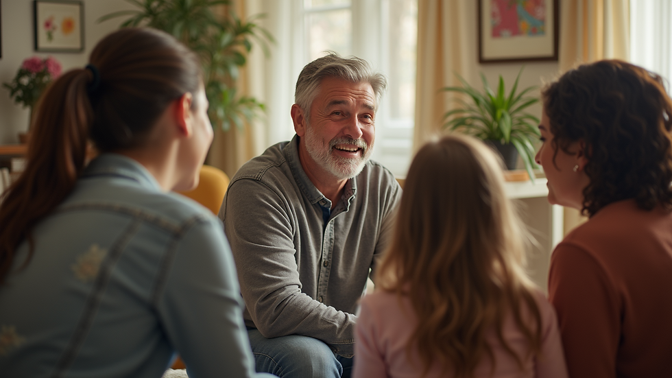 Close-up of a family sitting in a circle having a heartfelt conversation