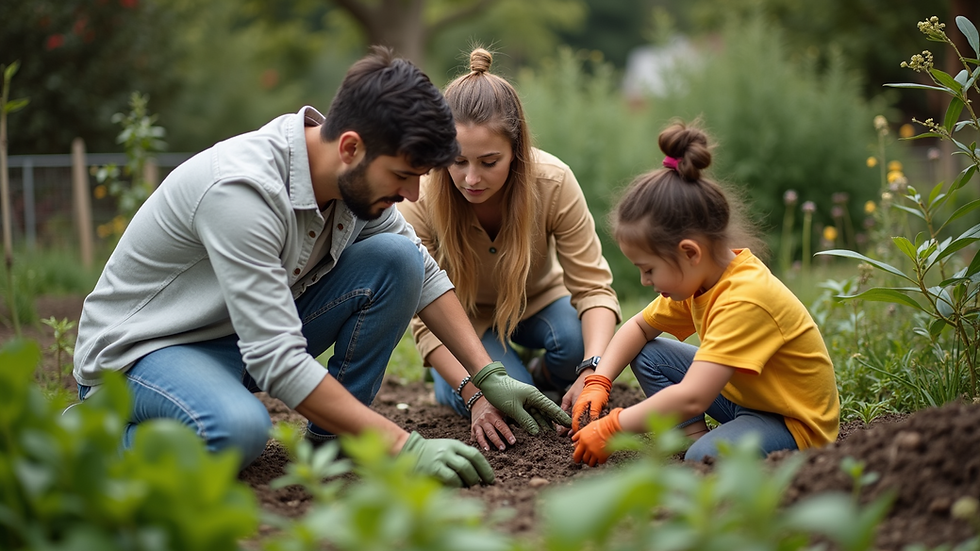 High angle view of a family working together on a gardening project