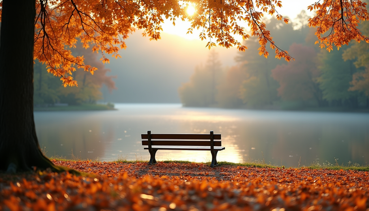 Eye-level view of a quiet lakeside bench overlooking calm Okanagan Lake with autumn leaves scattered nearby