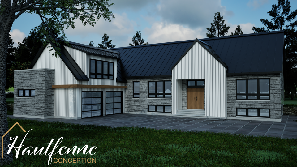 maison garage double en angle, 3d, architecture