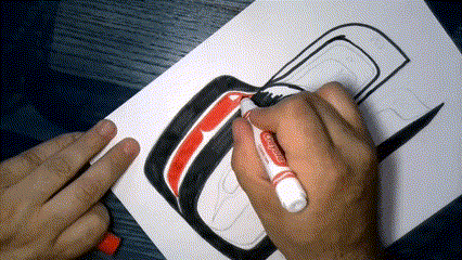 Gif shows an artist coloring in a formline raven using black and red markers.