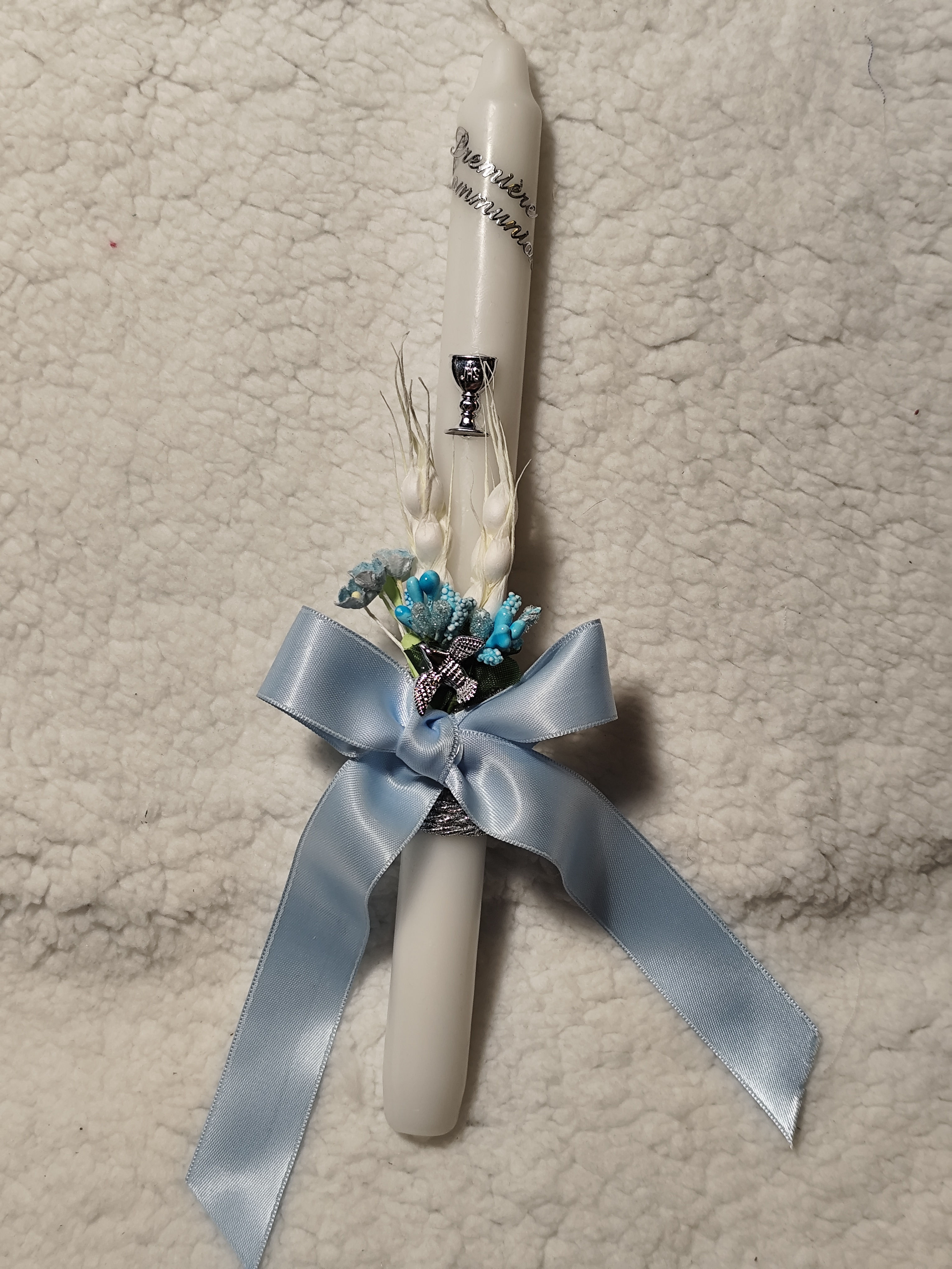 Bougie baptême/communion en bleu modèle argenté 