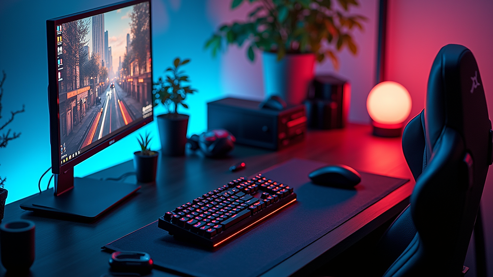 High angle view of a gaming setup featuring anime-themed merchandise