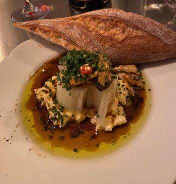 Leeks Vinaigrette with Maggi and Marinated Mussels.