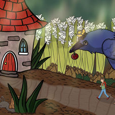 crow- king- bird- tiny- girl- house- plant- hyacinth- children's illustration- art- Emma Martinez
