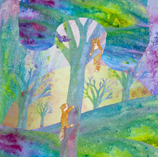 cat, tree, bird, colourful, colorful, watercolor, illustration, art, collage, children's illustration 