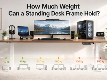 Höhenverstellbares Schreibtisch-Setup mit Monitor, Laptop und PC; die Überschrift fragt, wie viel Gewicht es trägt, mit einer Skala von 40–250 kg.