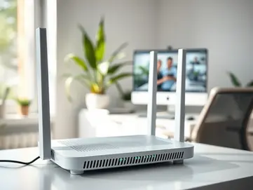 Wi-Fi router on a white desk in a bright home office. Computer screen in background shows two people in a video call. Green plant nearby.