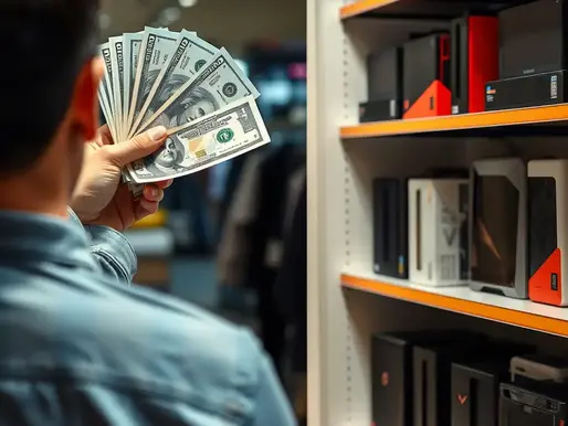 A person holds several $100 bills near a store shelf filled with electronics. The mood suggests anticipation or decision-making.
