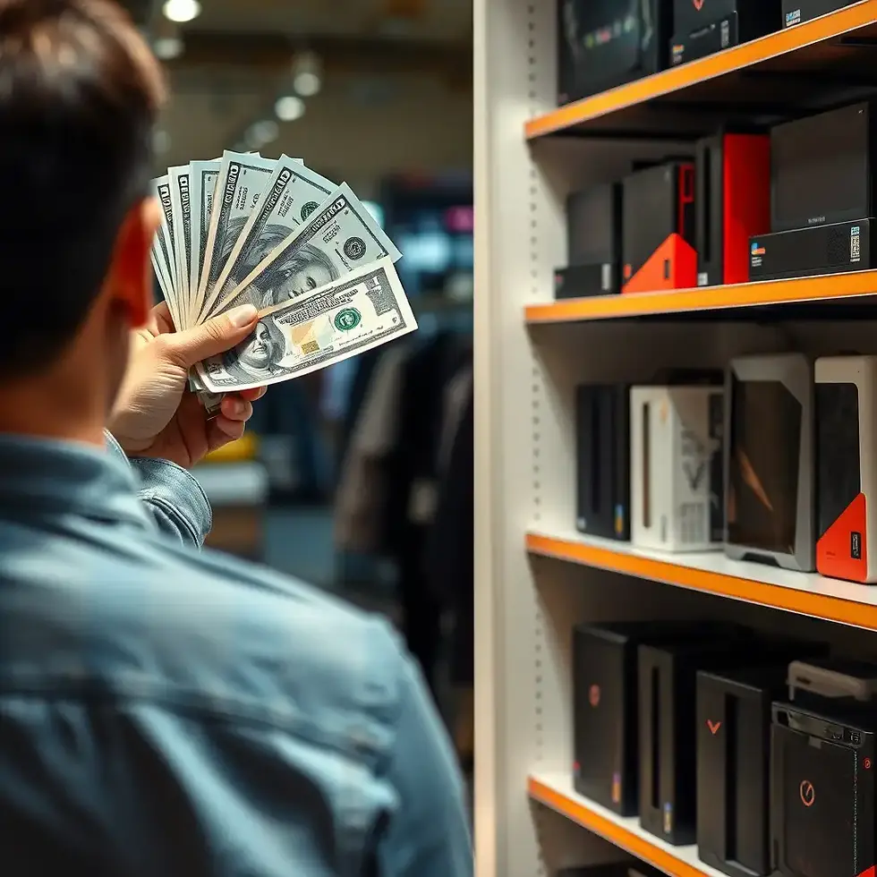 A person holds several $100 bills near a store shelf filled with electronics. The mood suggests anticipation or decision-making.