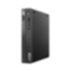 Black Lenovo ThinkCentre desktop with speckled design on the side, showing USB ports and power button. Logos "ThinkCentre" and "Lenovo" visible.