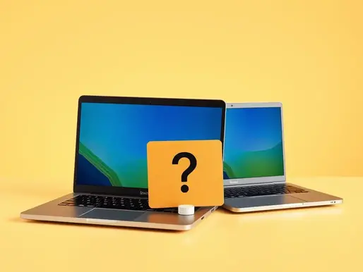Two laptops with blue-green screens on a yellow background. A yellow card with a black question mark stands in front, creating a curious mood.