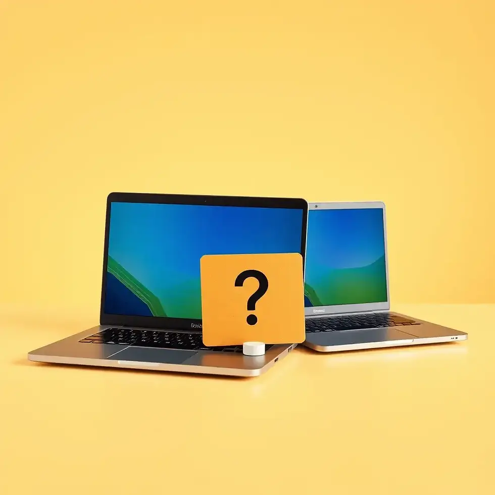 Two laptops with blue-green screens on a yellow background. A yellow card with a black question mark stands in front, creating a curious mood.