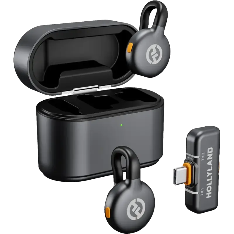 Hollyland LARK M2S wireless lavalier microphone with logo-free transmitter, titanium clip and camera, USB-C and Lightning com