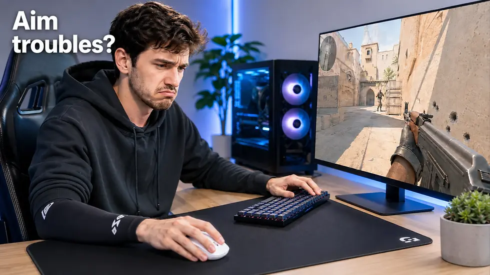 Gamer in black hoodie frowns while playing a shooting game on a monitor. Blue-lit PC in background. Text: Aim troubles?