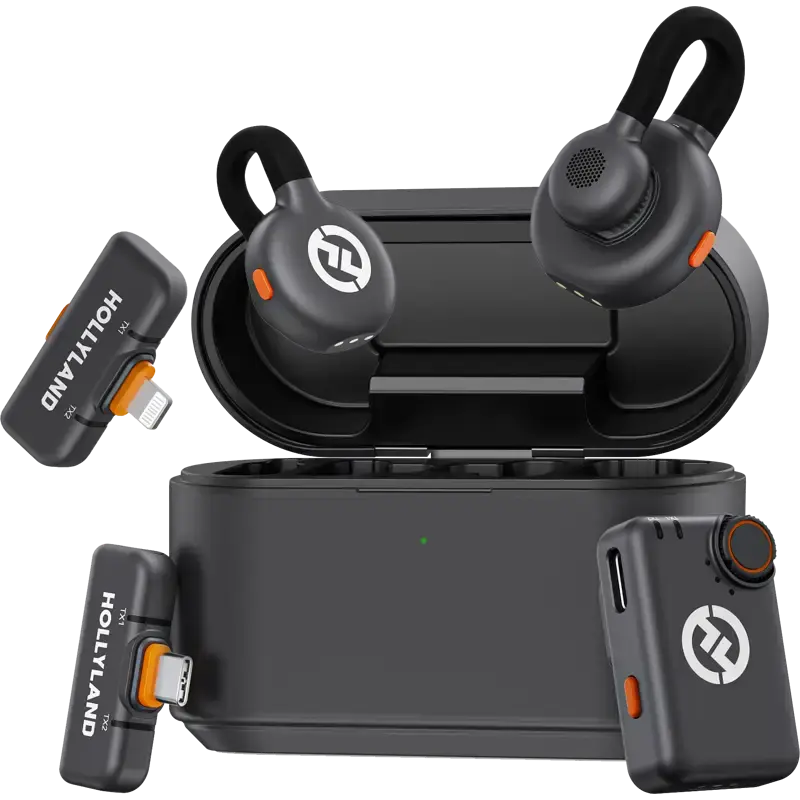 Miniatura: Hollyland LARK M2S wireless lavalier microphone with logo-free transmitter, titanium clip and camera, USB-C and Lightning com