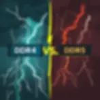 DDR4 vs. DDR5 text with contrasting blue and red lightning on a dark background, divided by a yellow line, implying a tech comparison.