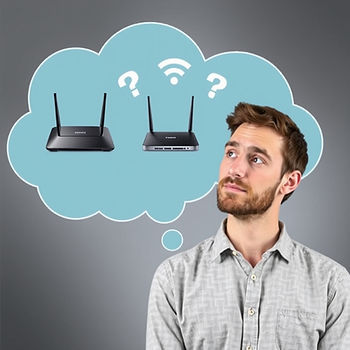 Man in gray shirt, pondering routers in a blue thought bubble with question marks and Wi-Fi icon, on a gray background.