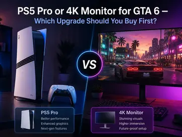 Promo graphic comparing PS5 Pro and 4K monitor for GTA 6, with console, controller, and neon city game screen, asking which to buy first