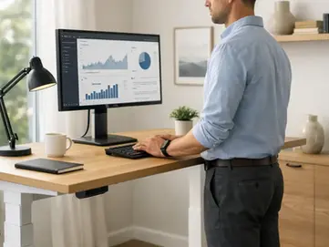 Man standing at a desk, analyzing charts on a monitor. Bright room with a potted plant, lamp, and framed art. Professional setting.