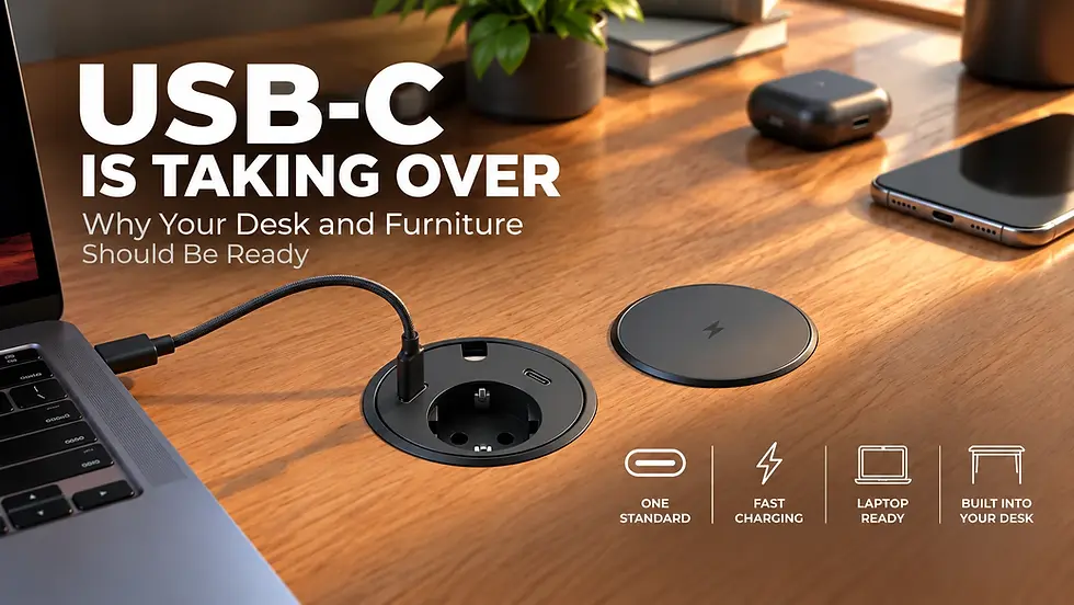 Wooden desk with laptop, phone, USB-C hub and wireless charger; text says USB-C is taking over and lists fast charging features.