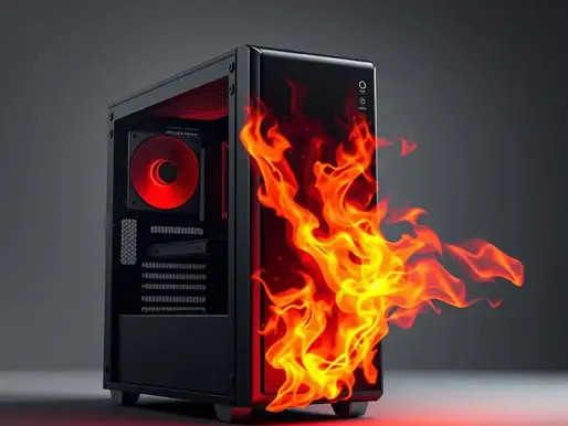 Black computer tower with red fan emits realistic flames on a gray background, creating a fiery, intense mood.