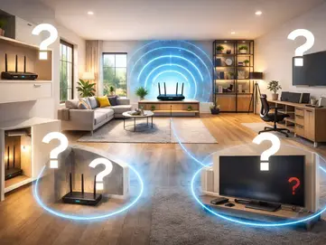 Living room with multiple routers and blue signal waves. Question marks highlight confusion over placement. Neutral tones, modern decor.