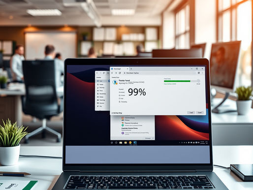 Laptop in an open office showing software update at 99%. Background features people blurred, plants, and warm sunlight through windows.