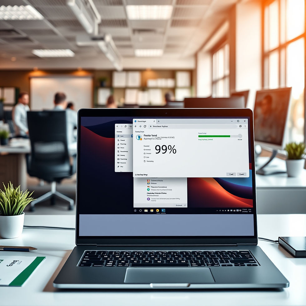 Laptop in an open office showing software update at 99%. Background features people blurred, plants, and warm sunlight through windows.