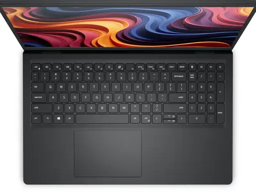 Top view of an open laptop with a colorful abstract screen. Black keyboard, large touchpad. Modern and sleek design.