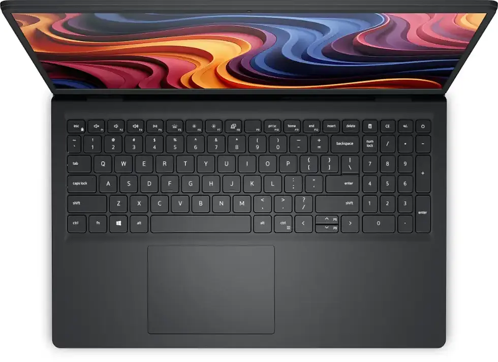 Top view of an open laptop with a colorful abstract screen. Black keyboard, large touchpad. Modern and sleek design.