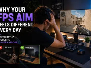 Person at a desk holds their head in frustration while playing an FPS game onscreen. Text: "Why Your FPS Aim Feels Different Every Day."