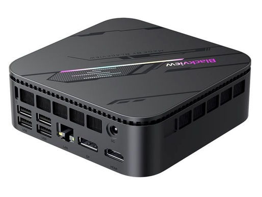 Black mini PC with multiple USB, HDMI, LAN ports. Text "Blackview" visible on top. Sleek design with purple accents.