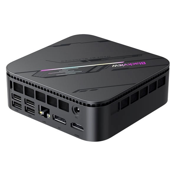 Black mini PC with multiple USB, HDMI, LAN ports. Text "Blackview" visible on top. Sleek design with purple accents.