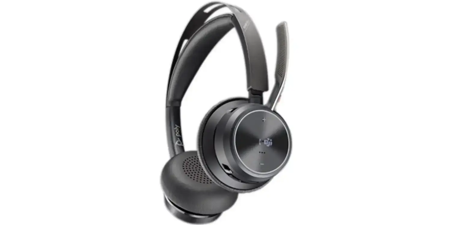 Poly Voyager Focus 2 wireless headset with charging stand and USB-C adapter for office calls and Teams meetings