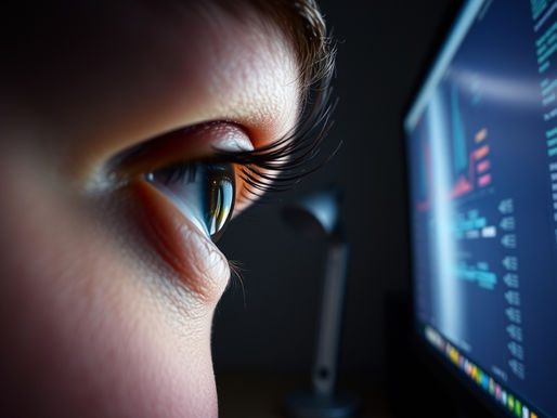 Close-up of an eye looking at a computer screen displaying colorful code graphs. Dark room, focused and curious mood.