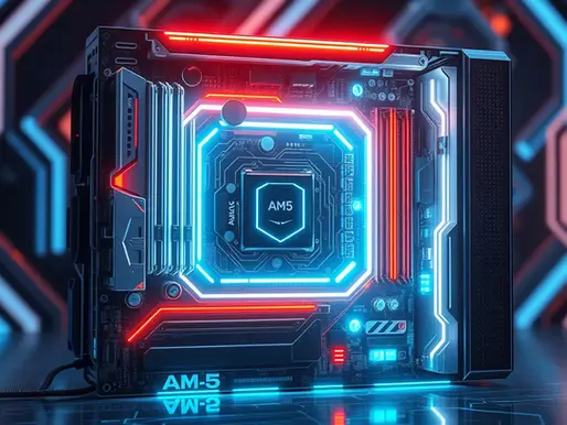 A futuristic computer motherboard with glowing red and blue lights, labeled "AM5," against a geometric, neon-patterned background.