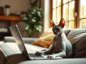 Hairless cat sits on a couch using a laptop. Sunlit room with a plant, soft cushions, and large windows in the background. Cozy and curious mood.