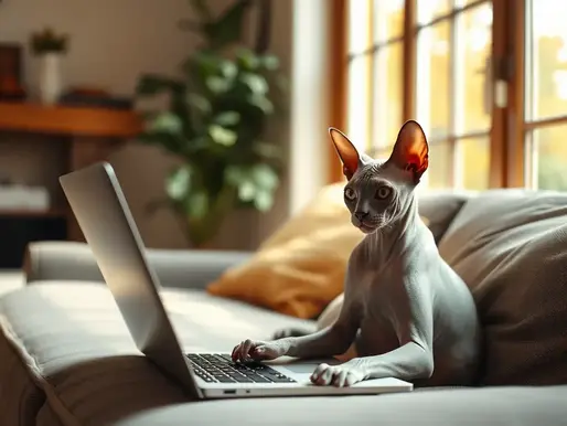 Hairless cat sits on a couch using a laptop. Sunlit room with a plant, soft cushions, and large windows in the background. Cozy and curious mood.